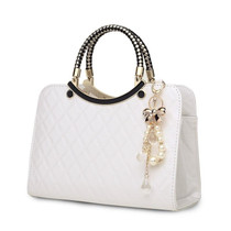 Large capacity PU Leather Diamond Pattern Ladies Handbag with Hanging Ornaments(White)