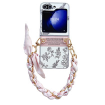 For Samsung Galaxy Z Flip5 5G Pearlescent Paint Painted PC Phone Case with DIY Scarf Bracelet(Sketch Flower)