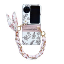 For OPPO Find N3 Flip Pearlescent Paint Painted PC Phone Case with DIY Scarf Bracelet(Sketch Flower)