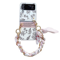 For Samsung Galaxy Z Flip4 5G Pearlescent Paint Painted PC Phone Case with DIY Scarf Bracelet(Sketch Flower)