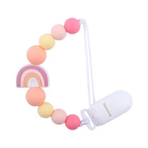 Baby Anti-drop Chain Pacifier Clips Silicone Rainbow Beads Dummy Holder Nipple Clip(Pink)