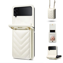 For Samsung Galaxy Z Flip4 Rhombic Folding Leather Phone Case with Long Lanyard(White)