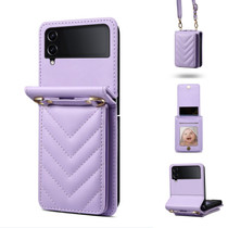 For Samsung Galaxy Z Flip4 Rhombic Folding Leather Phone Case with Long Lanyard(Purple)