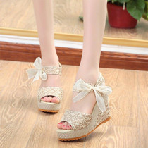 Summer Women Sandals Slope Heel Lace Open Toe Adhesive One Word Buckle Strap Muffin Thick Bottom Shoes, Size: 36(Ribbon Golden)