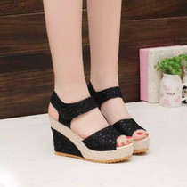 Summer Women Sandals Slope Heel Lace Open Toe Adhesive One Word Buckle Strap Muffin Thick Bottom Shoes, Size: 39(Black)