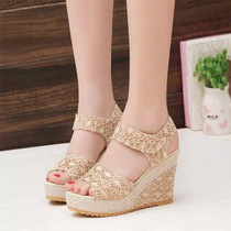 Summer Women Sandals Slope Heel Lace Open Toe Adhesive One Word Buckle Strap Muffin Thick Bottom Shoes, Size: 36(Beige)