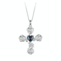 S925 Sterling Silver Platinum Plated Rose Cross Necklace For Women(BSN379)