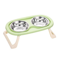 Collapsible Pet Bowl Eating Drinking Bowl Neck Guard Tall Double Bowl, Style: Stainless Steel Green