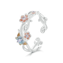 S925 Sterling Silver Romantic Cherry Blossom Butterfly Adjustable Open Ring(BSR538-E)