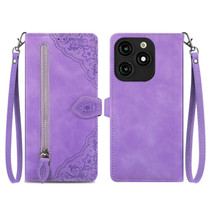 For Tecno Itel A70 Embossed Flower Zipper Leather Phone Case(Purple)