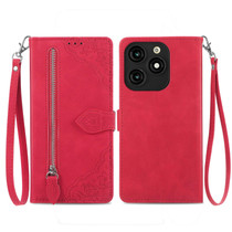 For Tecno Itel A70 Embossed Flower Zipper Leather Phone Case(Red)