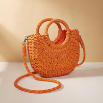 Half-moon Shape Straw Tote Bag Cross-body Woven Beach Single-shoulder Bag, Color: Orange Red