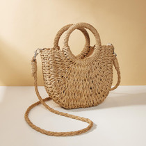 Half-moon Shape Straw Tote Bag Cross-body Woven Beach Single-shoulder Bag, Color: Camel