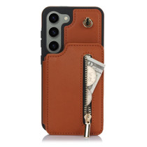 For Samsung Galaxy S23 5G YM006 Skin Feel Zipper Card Bag Phone Case with Dual Lanyard(Brown)