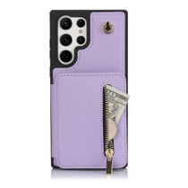 For Samsung Galaxy S22 Ultra 5G YM006 Skin Feel Zipper Card Bag Phone Case with Dual Lanyard(Light Purple)
