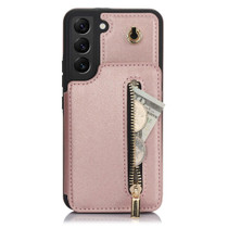 For Samsung Galaxy S22+ 5G YM006 Skin Feel Zipper Card Bag Phone Case with Dual Lanyard(Rose Gold)