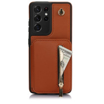 For Samsung Galaxy S21 Ultra 5G YM006 Skin Feel Zipper Card Bag Phone Case with Dual Lanyard(Brown)