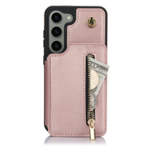 For Samsung Galaxy S23 5G YM006 Skin Feel Zipper Card Bag Phone Case with Dual Lanyard(Rose Gold)