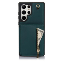For Samsung Galaxy S22 Ultra 5G YM006 Skin Feel Zipper Card Bag Phone Case with Dual Lanyard(Green)