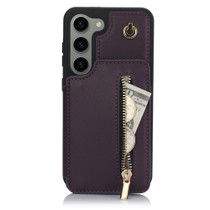 For Samsung Galaxy S23 5G YM006 Skin Feel Zipper Card Bag Phone Case with Dual Lanyard(Dark Purple)
