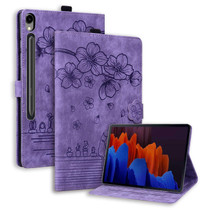 For Samsung Galaxy Tab S9 FE Cartoon Sakura Cat Embossed Leather Tablet Case(Purple)