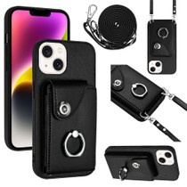 For iPhone 13 mini Organ Card Bag Ring Holder Phone Case with Long Lanyard(Black)