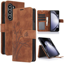 For Samsung Galaxy Z Fold5 Orchid Butterfly Embossed Leather Phone Case(Brown)