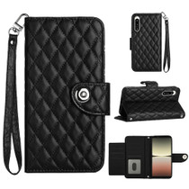 For Sony Xperia 5 IV Rhombic Texture Flip Leather Phone Case with Lanyard(Black)