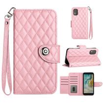For Nokia C02 Rhombic Texture Flip Leather Phone Case with Lanyard(Pink)
