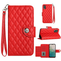 For Nokia C32 Rhombic Texture Flip Leather Phone Case with Lanyard(Red)