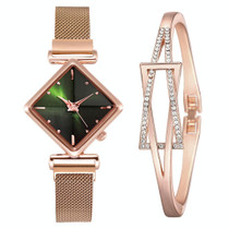 2 SET Ladies Diamond Dial Quartz Watch, Colour: Rose Gold Green + Bracelet