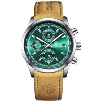 BINBOND B6022 30m Waterproof Luminous Multifunctional Quartz Watch, Color: Leather-White Steel-Green