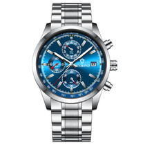 BINBOND B6022 30m Waterproof Luminous Multifunctional Quartz Watch, Color: White Steel-Blue
