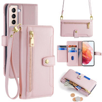 For Samsung Galaxy S21 5G Sheep Texture Cross-body Zipper Wallet Leather Phone Case(Pink)