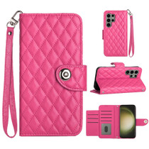 For Samsung Galaxy S23 Ultra 5G Rhombic Texture Flip Leather Phone Case with Lanyard(Rose Red)