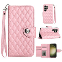 For Samsung Galaxy S23 Ultra 5G Rhombic Texture Flip Leather Phone Case with Lanyard(Pink)