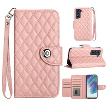 For Samsung Galaxy S21 FE 5G Rhombic Texture Flip Leather Phone Case with Lanyard(Coral Pink)