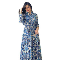 Ladies Printed Big Hem Shirt Tie Long Dress, Size: M(Blue)