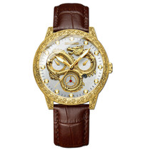 BINBOND B3030 Embossed Dragon Luminous Waterproof Quartz Watch, Color: Brown Leather-Full-gold-White