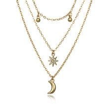 Versatile Round Beads Tassel Collarbone Chain Diamonds Eight-Pointed Star Moon Pendant Necklace(Gold)