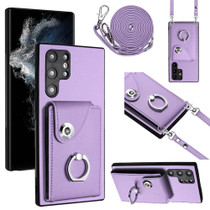 For Samsung Galaxy S22 Ultra 5G Organ Card Bag Ring Holder Phone Case with Long Lanyard(Purple)