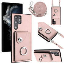 For Samsung Galaxy S22 Ultra 5G Organ Card Bag Ring Holder Phone Case with Long Lanyard(Pink)