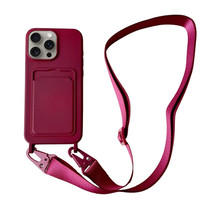 For iPhone 11 Pro Card Slot Liquid Silicone Phone Case with Lanyard(Wine Red)