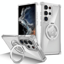 For Samsung Galaxy S22 Ultra 5G Gold Shield CD Pattern MagSafe Magnetic Phone Case with Rotating Stand(Transparent)