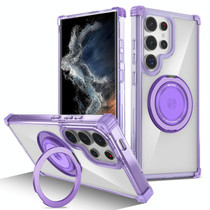 For Samsung Galaxy S22 Ultra 5G Gold Shield CD Pattern MagSafe Magnetic Phone Case with Rotating Stand(Transparent Purple)