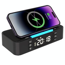 Digital Alarm Clock Wireless Charger Bluetooth Speaker RGB Night Light Cell Phone Stand(Black)