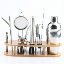 18 in 1 Stainless Steel Cocktail Shaker Set, Oval Bamboo Base, Bar Tool Set, Specification: 350ml