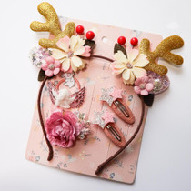 Christmas Hair Accessories Antlers Headband And Little Angel Hairpin Hair Band Combination Set(Pink)