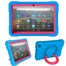 For Amazon Kindle Fire HD8 (2020) PC + Silicone Shockproof Combination Case with 360 Degree Rotating Holder & Handle(Blue + Rose Red)