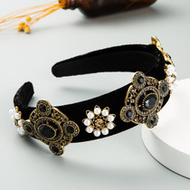 Black Gold Velvet Rhinestone Headband Retro Wide-brimmed Pearl Headband(Black)